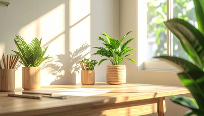 Fototapeta premium Golden hour sunlight illuminates a tranquil home office desk with lush green potted plants creating a biophilic design concept