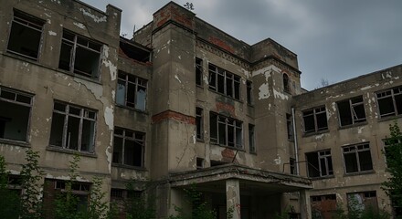 Fototapeta premium Dilapidated building exterior under overcast sky showing signs of age and decay