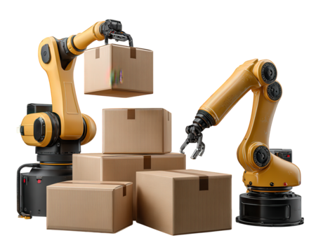 Yellow robot arm machine for industrial automation and logistics. Efficient packaging technology for factory warehouse handling cardboard box with future precision
