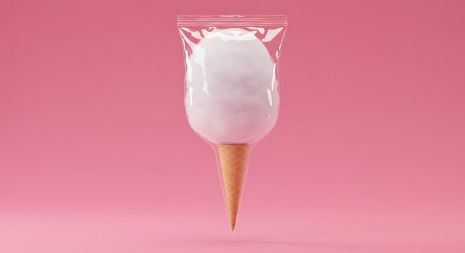 Cotton candy in a clear plastic bag on a pastel pink background