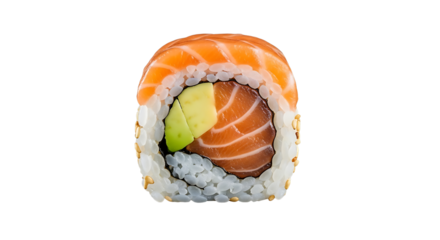 Delicious sushi roll featuring fresh salmon and avocado on transparent background