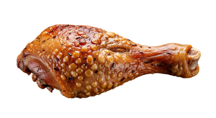 Delicious golden roasted turkey leg with crispy skin on transparent background