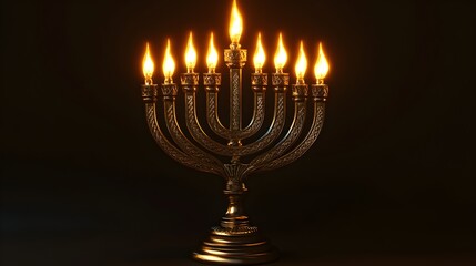 Fototapeta premium Golden menorah with lit candles against a dark background, representing Hanukkah
