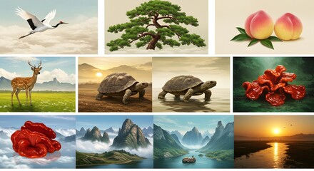 Diverse asian imagery crane pine peach deer tortoise landscape elements
