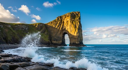 Coastal cliff with arch and ocean waves under a partly cloudy sky