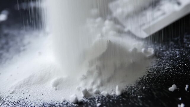White powder cocaine falling on a black surface
