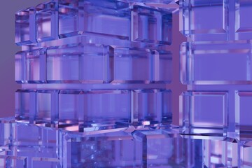 Abstract close-up of translucent, violet-tinted glass-like blocks stacked geometrically. Light refracts and reflects, creating a luminous, ethereal composition