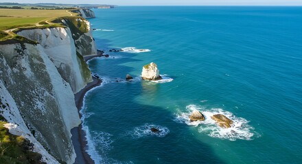 Coastal cliffs meet ocean waves under a clear blue sky natural landscape scene