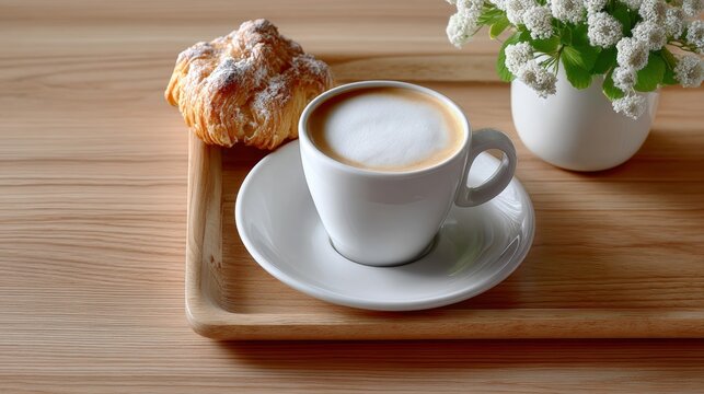 White coffee cup with a saucer sits on a wooden tray next to a croissant. The coffee cup is filled with a creamy latte, and the croissant is flaky and buttery