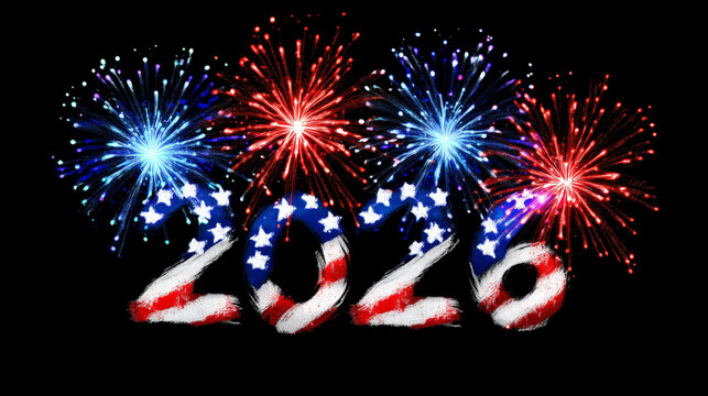 2026 year typography with USA flag pattern and fireworks burst, vector t-shirt design mockup, patriotic celebration style, black background 2026 typography, usa flag design, firewo