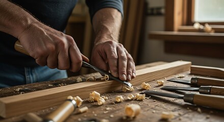 Craftsman using hand tools to shape wood in workshop environment