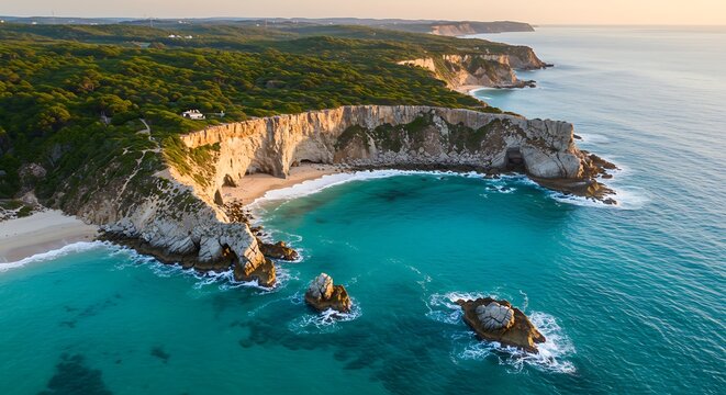 Coastal cliffs meet ocean waves under sunlight aerial view
