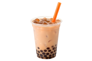 Iced milk tea with tapioca pearls and orange straw served in a clear plastic cup drink snack