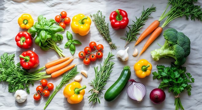 Fresh Vegetables and Herbs Flat Lay for Healthy Cooking