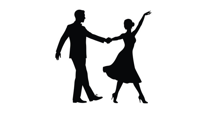 Elegant couple dancing gracefully in a classic silhouette against a white background silhouette