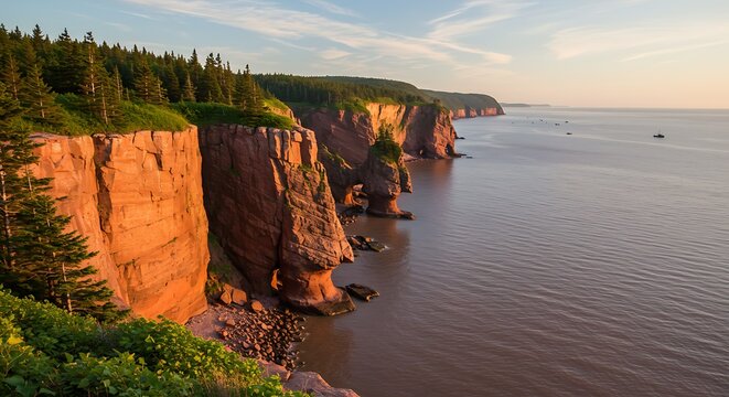 Coastal cliffside landscape with rocky cliffs and calm water under sunlight