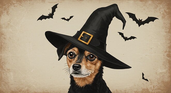 Dog in witch hat with bats decorative illustration for halloween