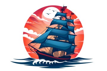 Sailing tall ship navigating ocean waves at sunset