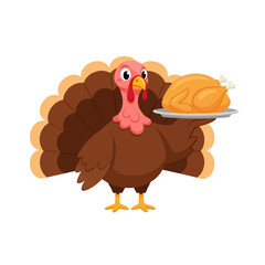 Naklejka premium A cartoon turkey proudly presents a golden roasted chicken on a silver platter.