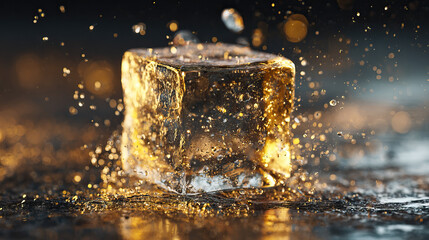 Luxury surreal glowing ice cube with sparkling water drop on transparent background