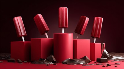 Row of red popsicles with white sticks and chocolate drips on the ground. The popsicles are arranged in a row, with one on top of the other. Concept of indulgence and enjoyment