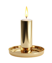 Minimalist gold metal candle holder with lit candle on transparent background
