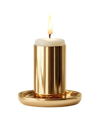 Minimalist gold metal candle holder with lit candle on transparent background