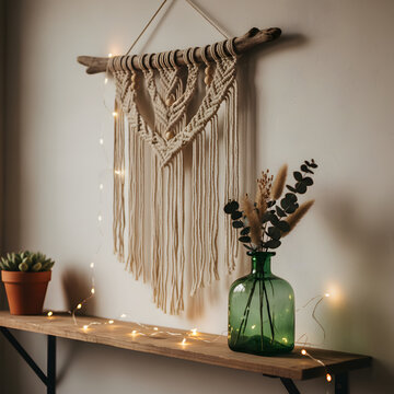 Boho Macrame Wall Hanging on Driftwood with Fairy Lights, Succulent, and Green Glass Vase on a Rustic Shelf