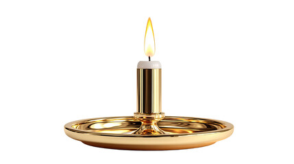 Minimalist gold metal candle holder with lit candle on transparent background