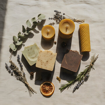Flat Lay of Natural Handmade Soap Bars and Beeswax Candles with Lavender and Dried Eucalyptus on Linen Fabric