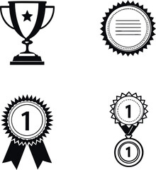 Award icon set with trophy, ribbon, medal, and badge featuring stars and first place symbols in clean black line style