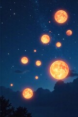 Naklejka premium Ten Glowing Orbs of Light Serenely Float in the Night Sky, Symbolizing Joy, Contentment, and Peaceful Hope for Wellbeing and Happiness.