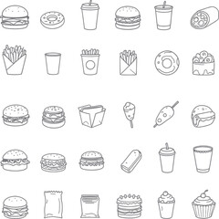 Fast food icon set with burgers, fries, tacos, donuts, drinks, cupcakes, and takeout boxes in clean black line style