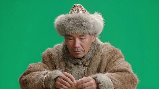Mongolian Elder in Traditional Garb: A contemplative senior figure, swathed in an elegant fur coat and hat, engaged in a traditional craft, representing cultural heritage.