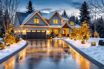 Suburban house decorated with christmas lights in winter snow