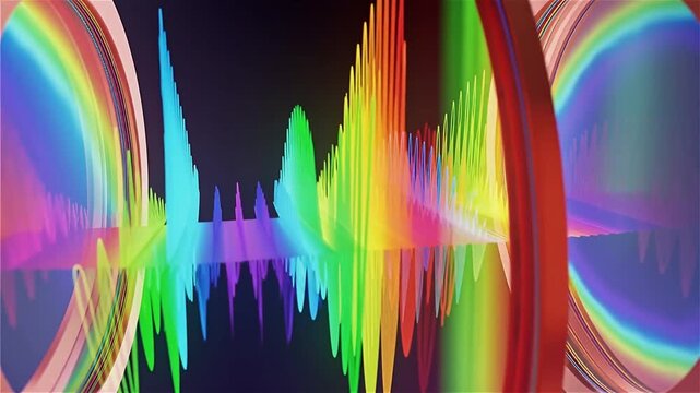 Macro CGI visualization of quantum frequency comb pulses reflecting between micro-resonator mirrors, forming a vivid rainbow spectrum of synchronized light waves in precision photonic alignment.