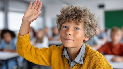 Boy in a yellow sweater raises his hand in a classroom. The boy is smiling and he is engaged in the lesson. The other students in the classroom are also paying attention to the teacher