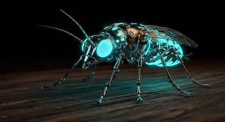 Cybernetic insect illustration on wooden surface with glowing details