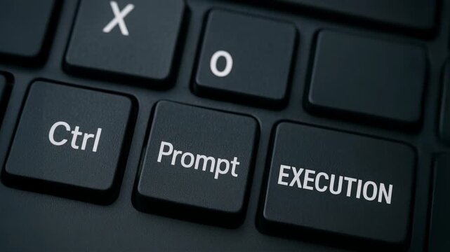 Prompt ai programmer fingertip pressing keyboard key prompts focused control of code execution and creative workflow for productivity and inspiration