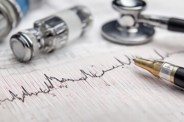 Medical Diagnostic Tools on Paper with Red Lines including Stethoscope Pen and Vials with Close Up Shot