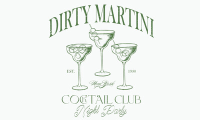 Let's party artwork. Olive drink artwork for for t-shirt. Happy hour artwork. New york cocktail night.