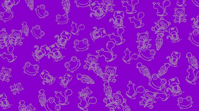 Animated Purple Background with Cartoon Squirrels Frogs and Leaf Outlines.