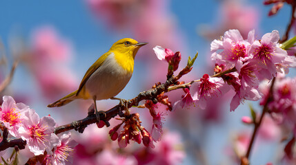 Vibrant Yellow Finch Perched on Blooming Pink Branch