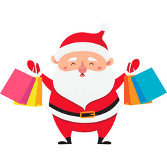 Smiling Cartoon Santa Claus Dressed In Red Suit With White Trim Holding Colorful Shopping Bags On Transparent Background
