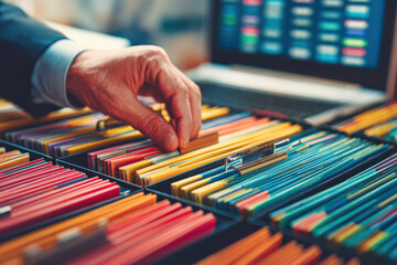 Hand sorting color-coded cards in a tray with a blurred computer screen in the background.Hand selecting colorful index card for data organization.organization of information space in the office.