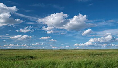 Fototapeta premium Vibrant Blue Sky Above Green Field with Fluffy White Clouds Creating A Scenic Landscape