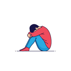 Fototapeta premium A person sits alone in a fetal position with their head bowed in sadness and despair.