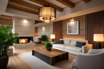 Fototapeta premium Modern living room interior featuring a warm fireplace