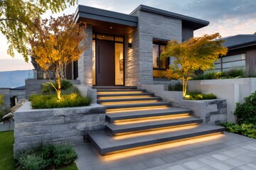 Obraz premium Modern luxury house entrance with illuminated stairs