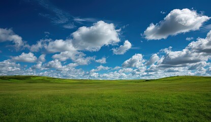 Obraz premium Vibrant Blue Sky with Fluffy White Clouds over a Lush Green Meadow Landscape under Daylight